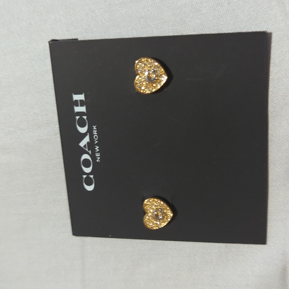 Coach Jewelry - Coach Earrings Heart Stud Gold Tone Pave C Monogram Valentines Day NEW